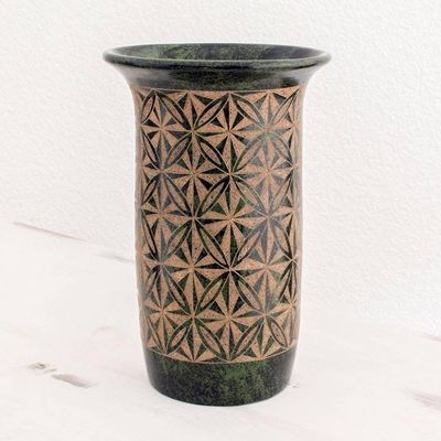 Alternate image for Green Geometric Flowers Etched on Decorative Terracotta Vase Blossoming Patterns