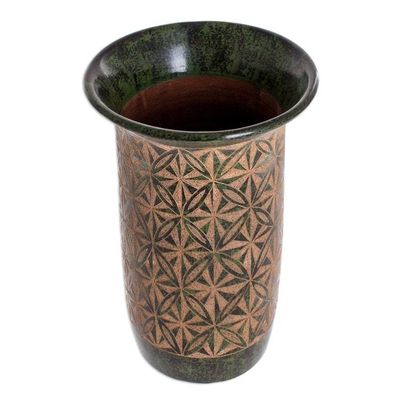 Alternate image for Green Geometric Flowers Etched on Decorative Terracotta Vase Blossoming Patterns