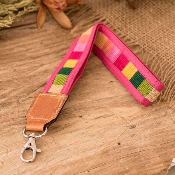 Alternate image for Handwoven Pink Cotton Strap Keychain with Leather Accent Colorful Charm