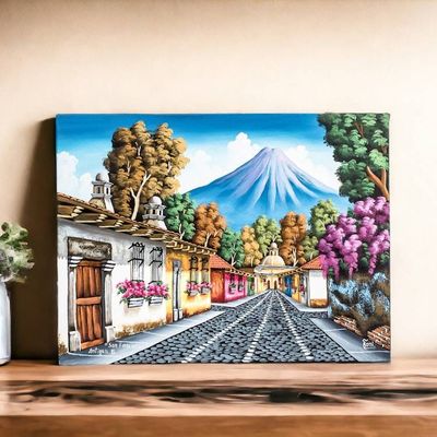Primary image for Signed Oil Painting of an Antigua Street and Volcano Calle San Francisco II