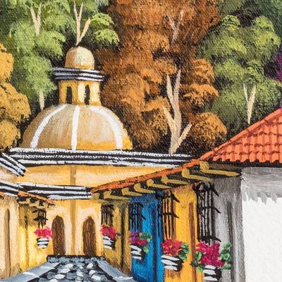 Alternate image for Signed Oil Painting of an Antigua Street and Volcano Calle San Francisco II