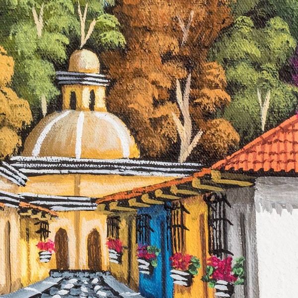 Alternate image for Signed Oil Painting of an Antigua Street and Volcano Calle San Francisco II