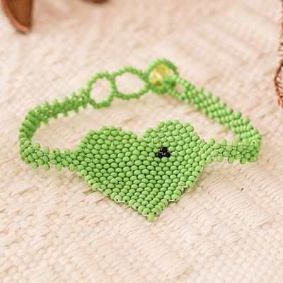 Primary image for Adjustable Beaded Pendant Bracelet in Green with Heart Motif Green Love Inspiration