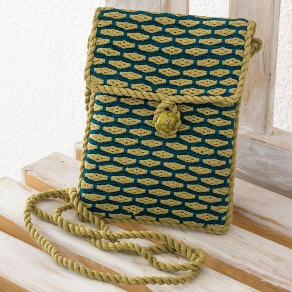 Alternate image for 100 Cotton Hand Woven Sling Bag in Teal and Gold Stained Glass