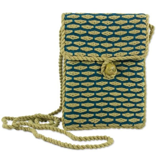 Alternate image for 100 Cotton Hand Woven Sling Bag in Teal and Gold Stained Glass