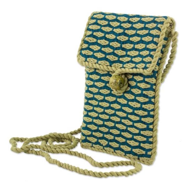 Alternate image for 100 Cotton Hand Woven Sling Bag in Teal and Gold Stained Glass