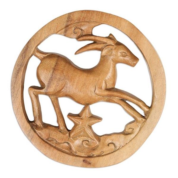 Alternate image for Capricorn-Themed Hand-Carved Round Suar Wood Relief Panel Capricorn Firmament
