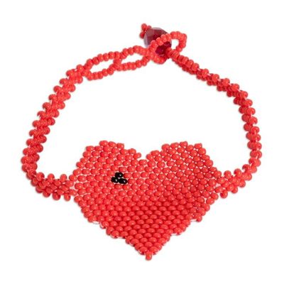 Alternate image for Red Handcrafted Beaded Pendant Bracelet with Heart Motif Crimson Love Inspiration