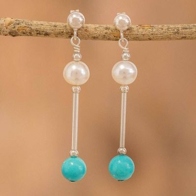 Primary image for Polished Cultured Pearl and Turquoise Beaded Dangle Earrings Innocence and Hope