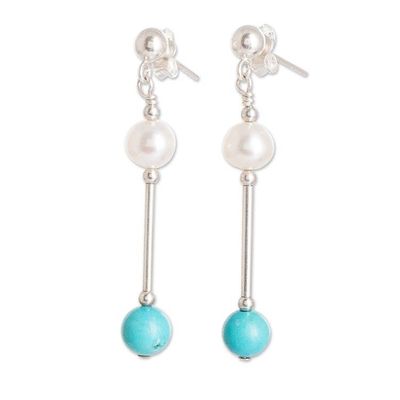 Alternate image for Polished Cultured Pearl and Turquoise Beaded Dangle Earrings Innocence and Hope