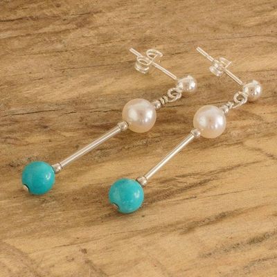 Alternate image for Polished Cultured Pearl and Turquoise Beaded Dangle Earrings Innocence and Hope