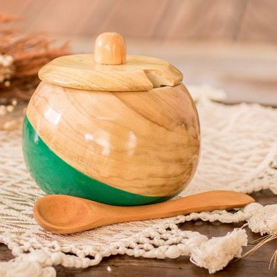 Alternate image for Dip Painted Hand Carved Wood Sugar Bowl Sweet Green
