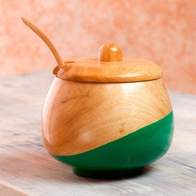 Alternate image for Dip Painted Hand Carved Wood Sugar Bowl Sweet Green