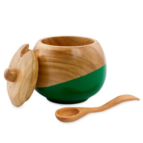 Alternate image for Dip Painted Hand Carved Wood Sugar Bowl Sweet Green