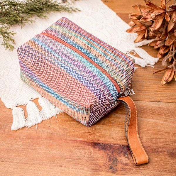 Alternate image for Pastel-Toned Leather-Accented Woven 100 Cotton Toiletry Bag Joyful Tones
