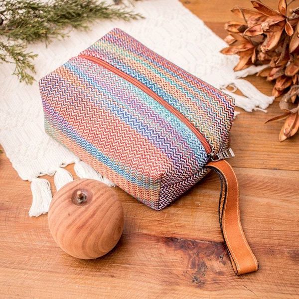 Alternate image for Pastel-Toned Leather-Accented Woven 100 Cotton Toiletry Bag Joyful Tones