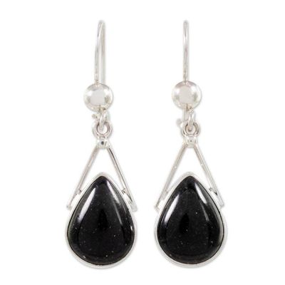 Alternate image for Black Jade and 925 Silver Teardrop Earrings from Guatemala Drops of Peace in Black