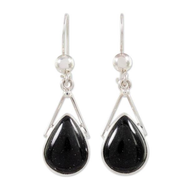 Alternate image for Black Jade and 925 Silver Teardrop Earrings from Guatemala Drops of Peace in Black