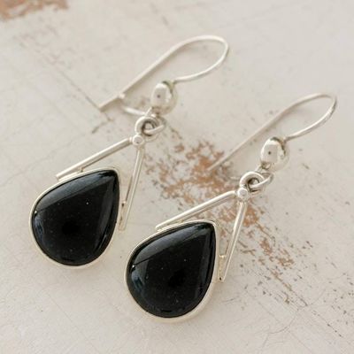 Alternate image for Black Jade and 925 Silver Teardrop Earrings from Guatemala Drops of Peace in Black