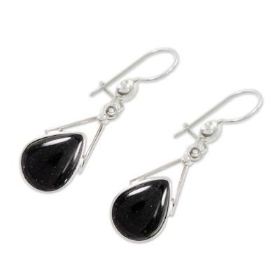Alternate image for Black Jade and 925 Silver Teardrop Earrings from Guatemala Drops of Peace in Black