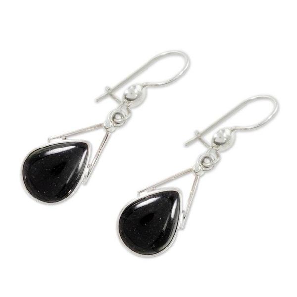 Alternate image for Black Jade and 925 Silver Teardrop Earrings from Guatemala Drops of Peace in Black