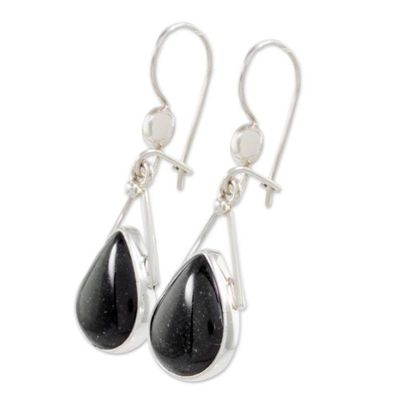 Alternate image for Black Jade and 925 Silver Teardrop Earrings from Guatemala Drops of Peace in Black