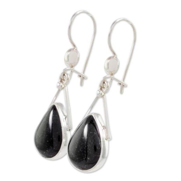 Alternate image for Black Jade and 925 Silver Teardrop Earrings from Guatemala Drops of Peace in Black
