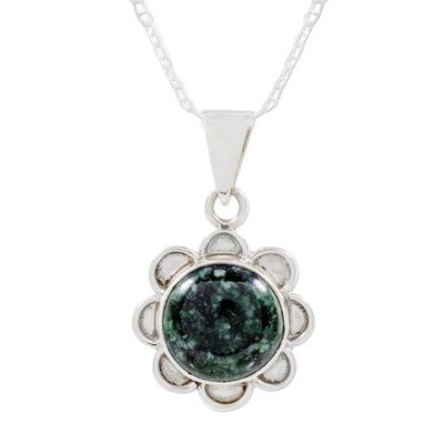 Alternate image for Green Jade and 925 Silver Floral Necklace from Guatemala Solar Flower in Dark Green