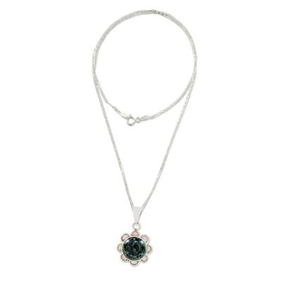 Alternate image for Green Jade and 925 Silver Floral Necklace from Guatemala Solar Flower in Dark Green