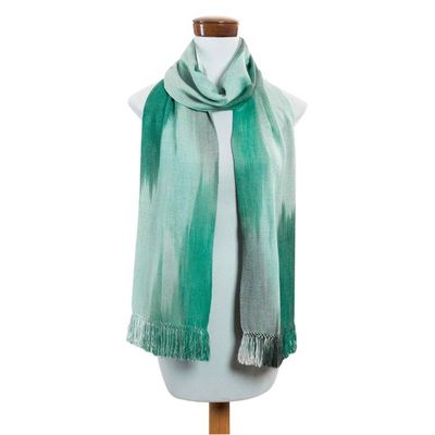 Alternate image for Rayon Hand Woven Green White Guatemalan Scarf Iridescent Eucalyptus