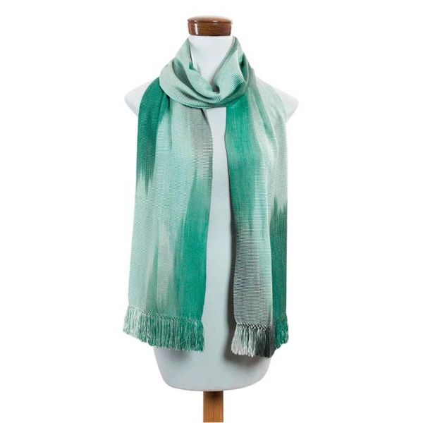 Alternate image for Rayon Hand Woven Green White Guatemalan Scarf Iridescent Eucalyptus