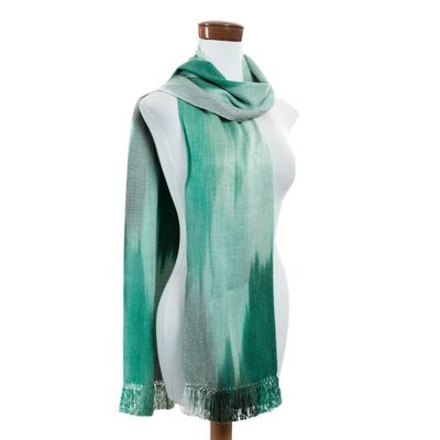 Alternate image for Rayon Hand Woven Green White Guatemalan Scarf Iridescent Eucalyptus