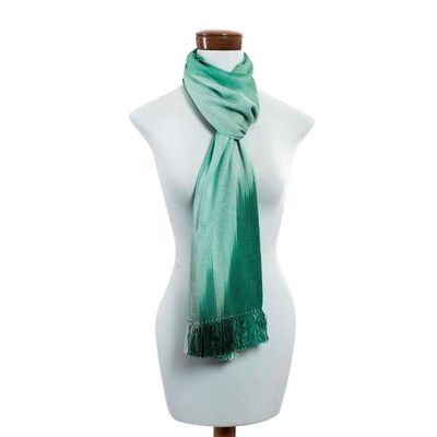 Alternate image for Rayon Hand Woven Green White Guatemalan Scarf Iridescent Eucalyptus