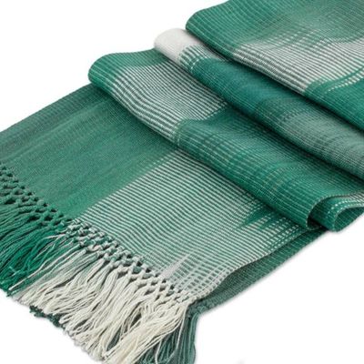 Alternate image for Rayon Hand Woven Green White Guatemalan Scarf Iridescent Eucalyptus