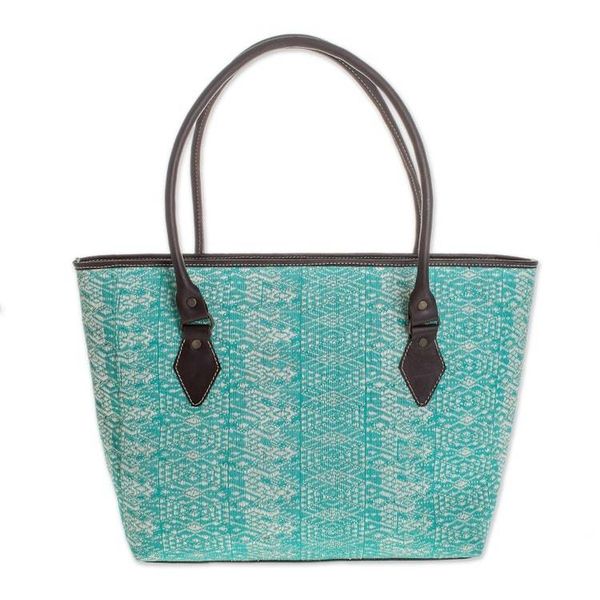 Alternate image for Guatemalan Leather Accent Cotton Shoulder Bag in Turquoise Guatemalan Ikat