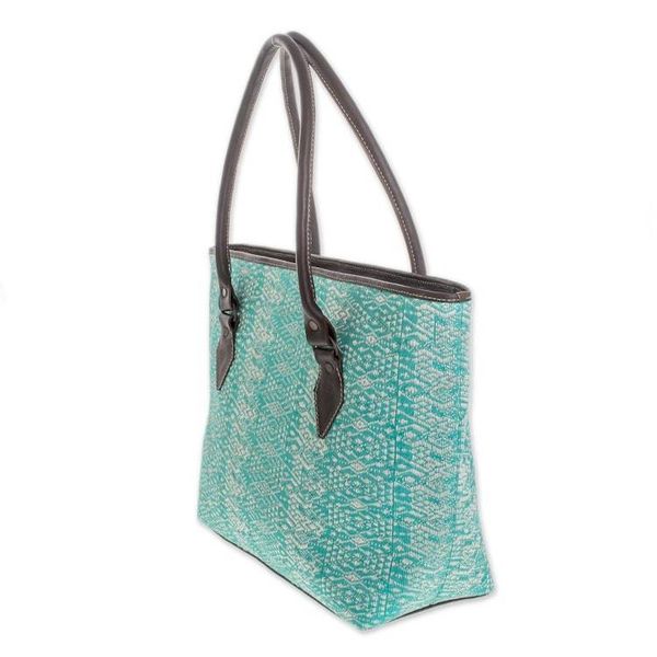 Alternate image for Guatemalan Leather Accent Cotton Shoulder Bag in Turquoise Guatemalan Ikat