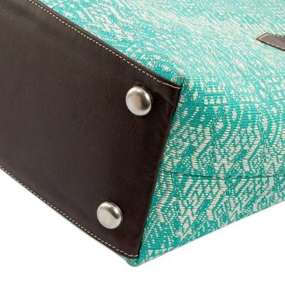 Alternate image for Guatemalan Leather Accent Cotton Shoulder Bag in Turquoise Guatemalan Ikat