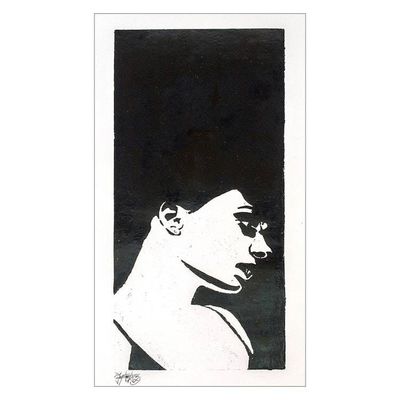 Alternate image for Handmade Woodcut Print Portrait of Woman in Black and White Deep Profile