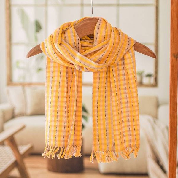 Alternate image for Hand-Woven Striped Fringed Yellow Brown  Beige Cotton Scarf Field of Daisies