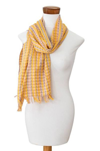 Alternate image for Hand-Woven Striped Fringed Yellow Brown  Beige Cotton Scarf Field of Daisies