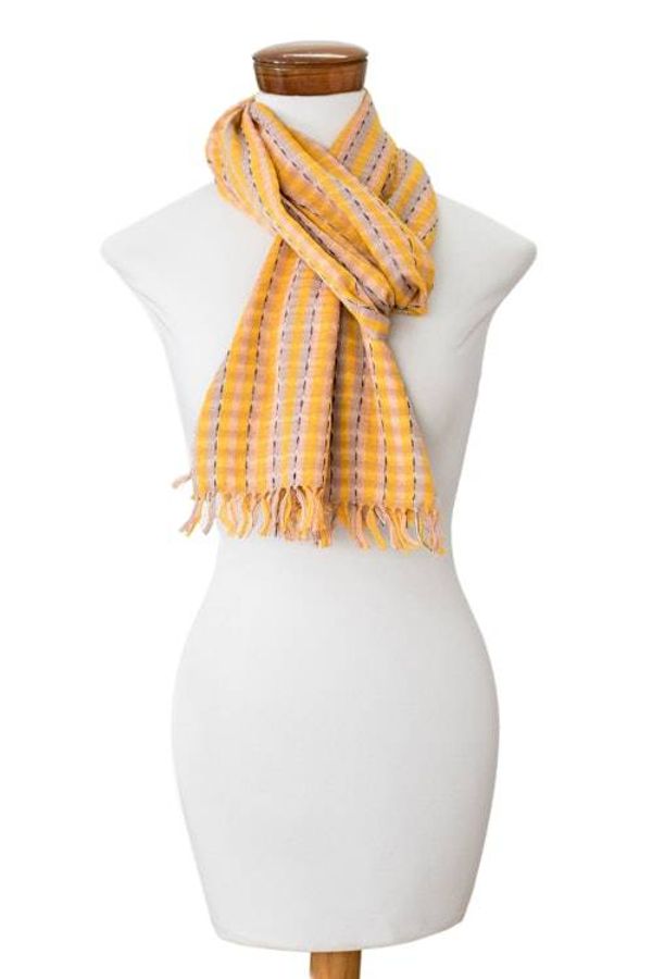 Alternate image for Hand-Woven Striped Fringed Yellow Brown  Beige Cotton Scarf Field of Daisies
