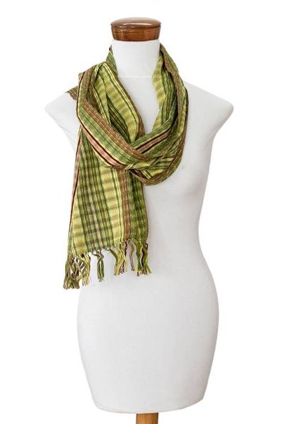 Alternate image for Hand-Woven Striped Fringed Green Brown  Black Cotton Scarf Highland Forests