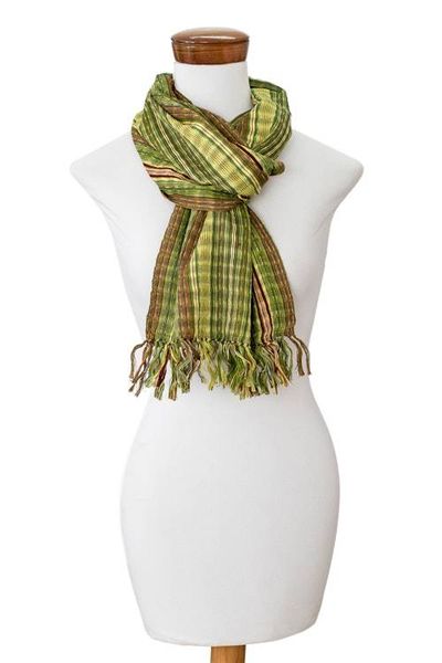 Alternate image for Hand-Woven Striped Fringed Green Brown  Black Cotton Scarf Highland Forests