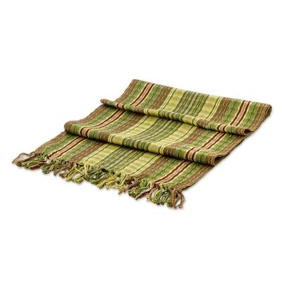 Alternate image for Hand-Woven Striped Fringed Green Brown  Black Cotton Scarf Highland Forests