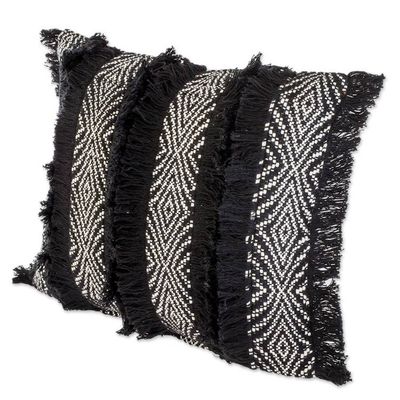 Alternate image for Black and Eggshelled Textured Cotton Cushion Cover Diamond Texture in Black