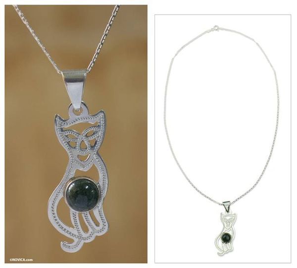 Alternate image for Jade pendant necklace Mystic Green Cat