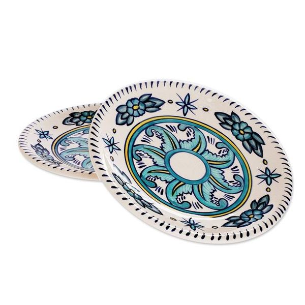 Alternate image for Hand Crafted Floral Ceramic Plates in Blue and White Pair Bermuda