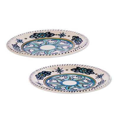 Alternate image for Hand Crafted Floral Ceramic Plates in Blue and White Pair Bermuda
