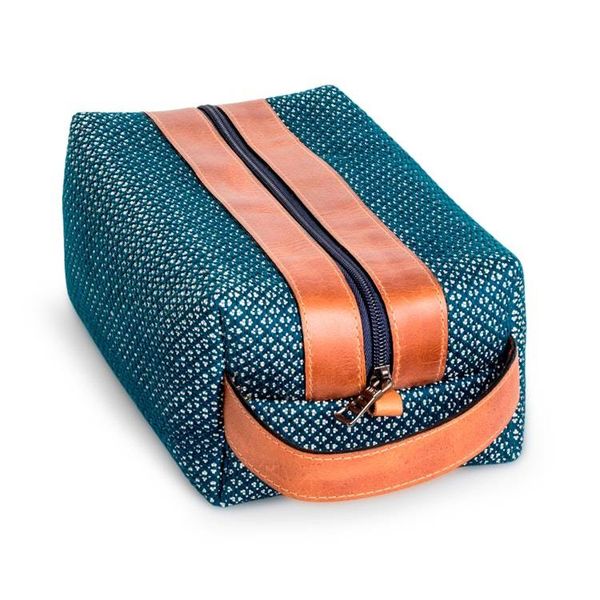 Alternate image for Turquoise and Caramel Leather Handwoven Cotton Toiletry Bag Illusions in Turquoise