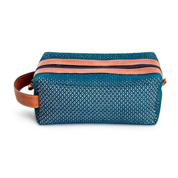 Alternate image for Turquoise and Caramel Leather Handwoven Cotton Toiletry Bag Illusions in Turquoise